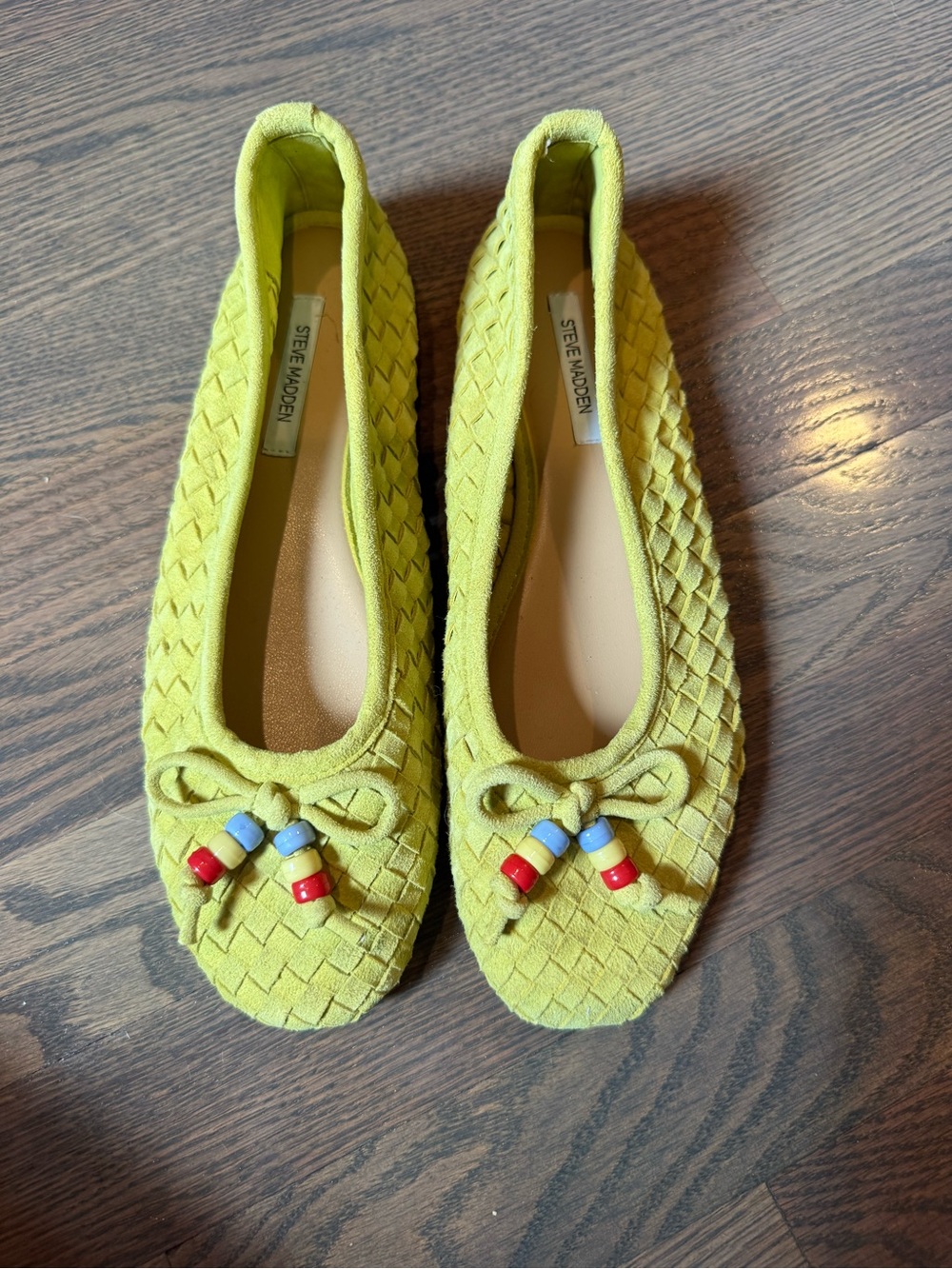 Steve Madden Neon Yellow Green Woven Bow-Trim Ballet Flats